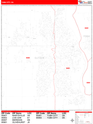 Yuba City Wall Map Zip Code Red Line Style 2024